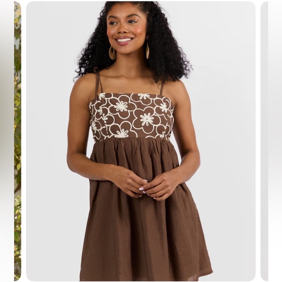 Pink Lily Brown Embroidered Floral Dress Spaghetti Straps Back Zip NWOT Large - Picture 7 of 14